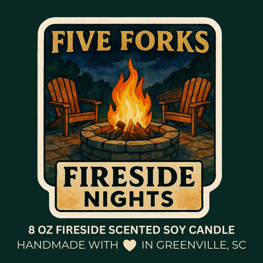 Five Forks Fireside Nights - Fireside Scented 8 oz Soy Candle - Falling For Greenville, SC Collection - Hand-Poured in Greenville, SC