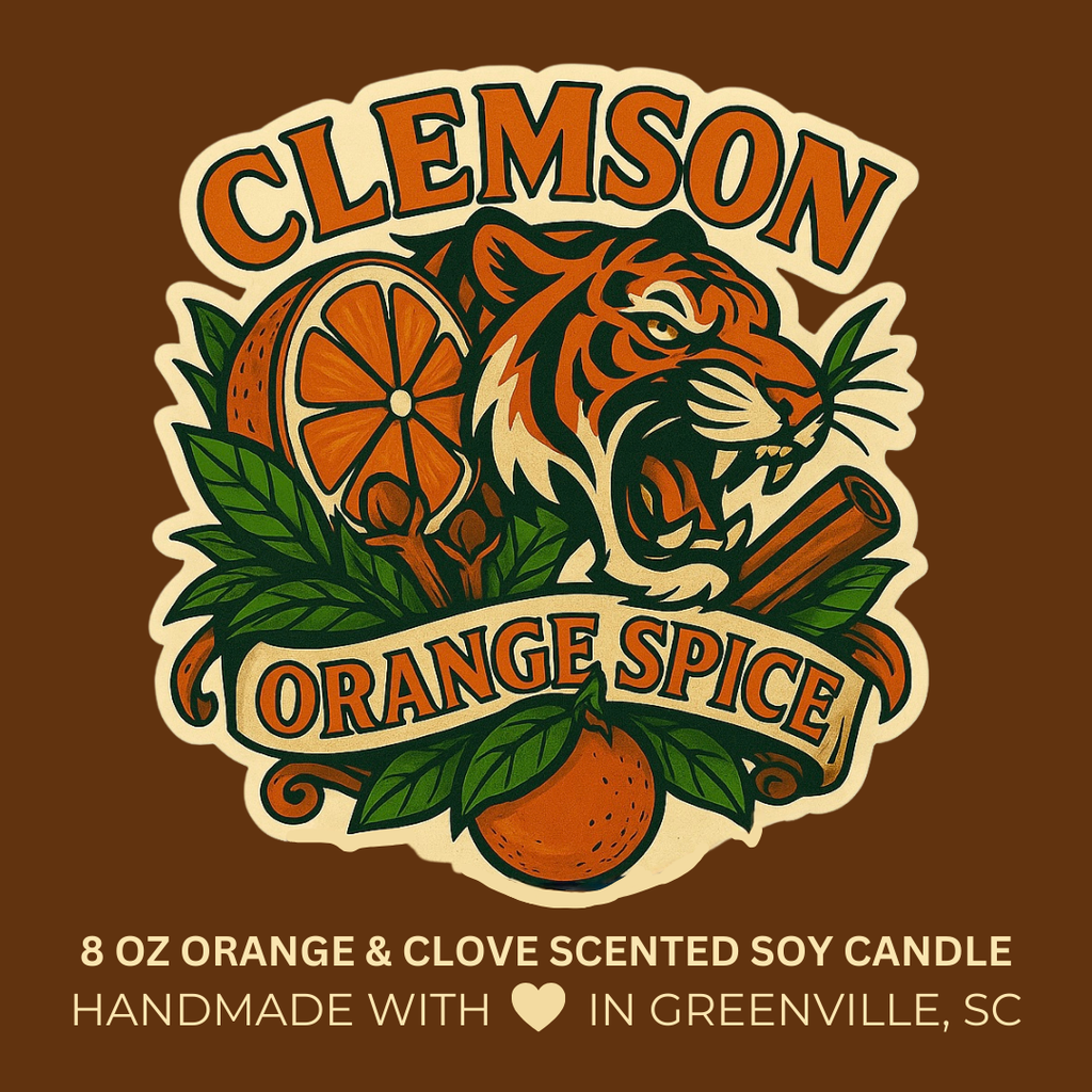 Clemson Orange Spice - Orange & Clove Scented 8 oz Soy Candle - Falling For Greenville, SC Collection - Hand-Poured in Greenville, SC