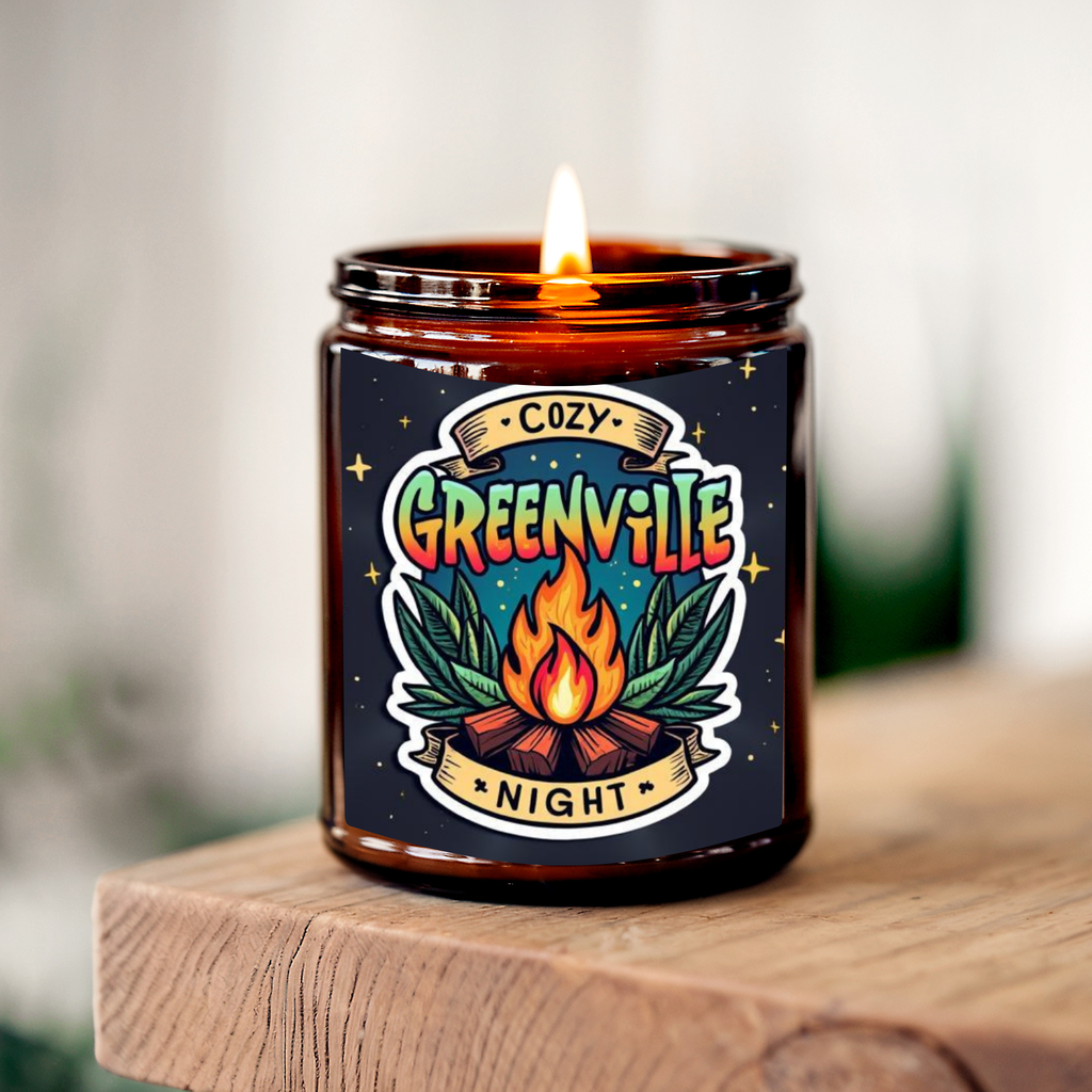 Cozy Greenville Night | 8 oz Soy Candle | Fireside Smoke, Amber & Sandalwood | Handmade in Greenville, SC