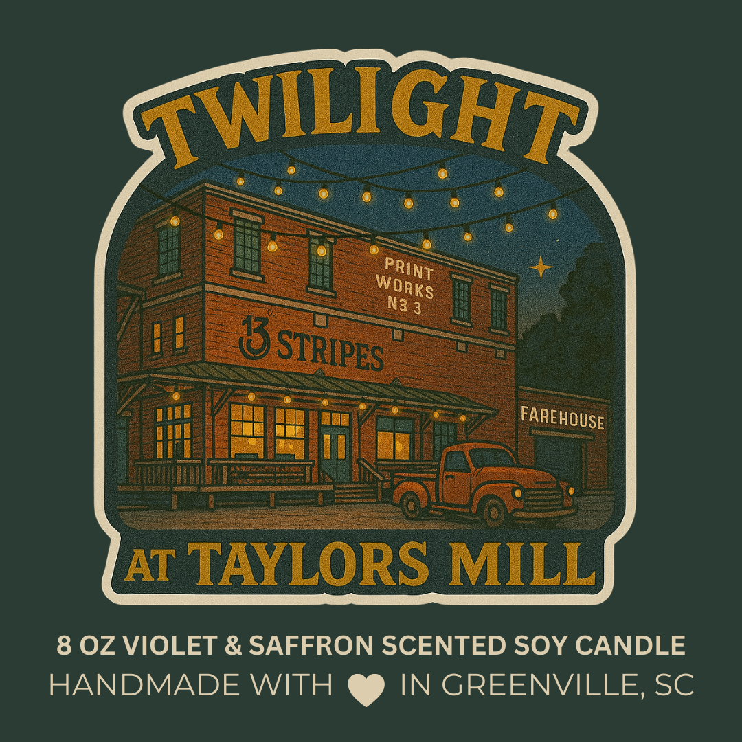 Twilight at Taylors Mill - Violet & Saffron Scented 8 oz Soy Candle - Falling For Greenville, SC Collection - Hand-Poured in Greenville, SC