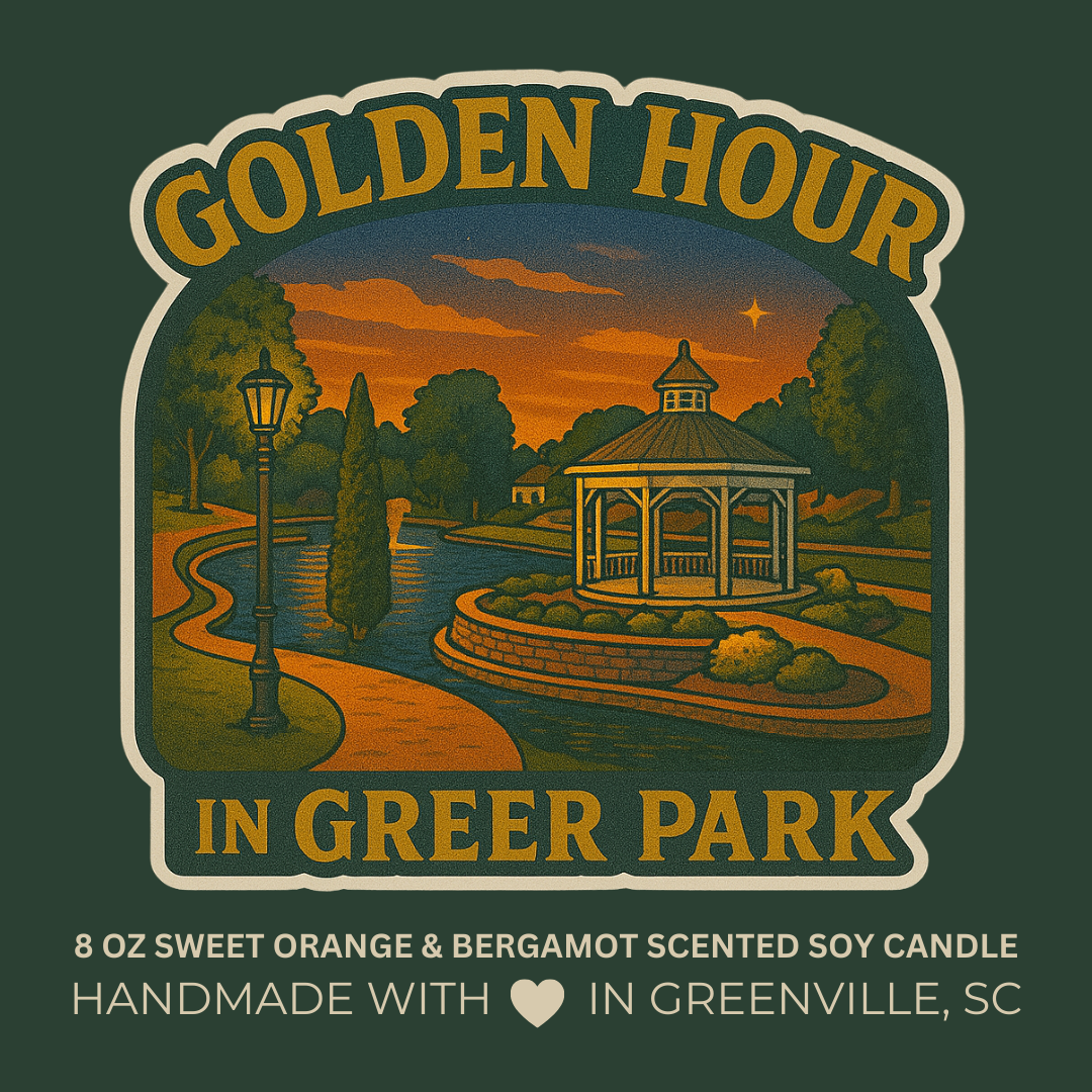 Golden Hour in Greer Park - Orange & Bergamot Scented 8 oz Soy Candle - Falling For Greenville, SC Collection - Hand-Poured in Greenville, SC