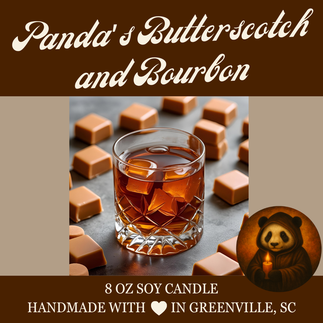 Panda's Butterscotch and Bourbon - 8 oz Soy Candle - Panda's Fall Flavors Collection - Hand-Poured in Greenville, SC